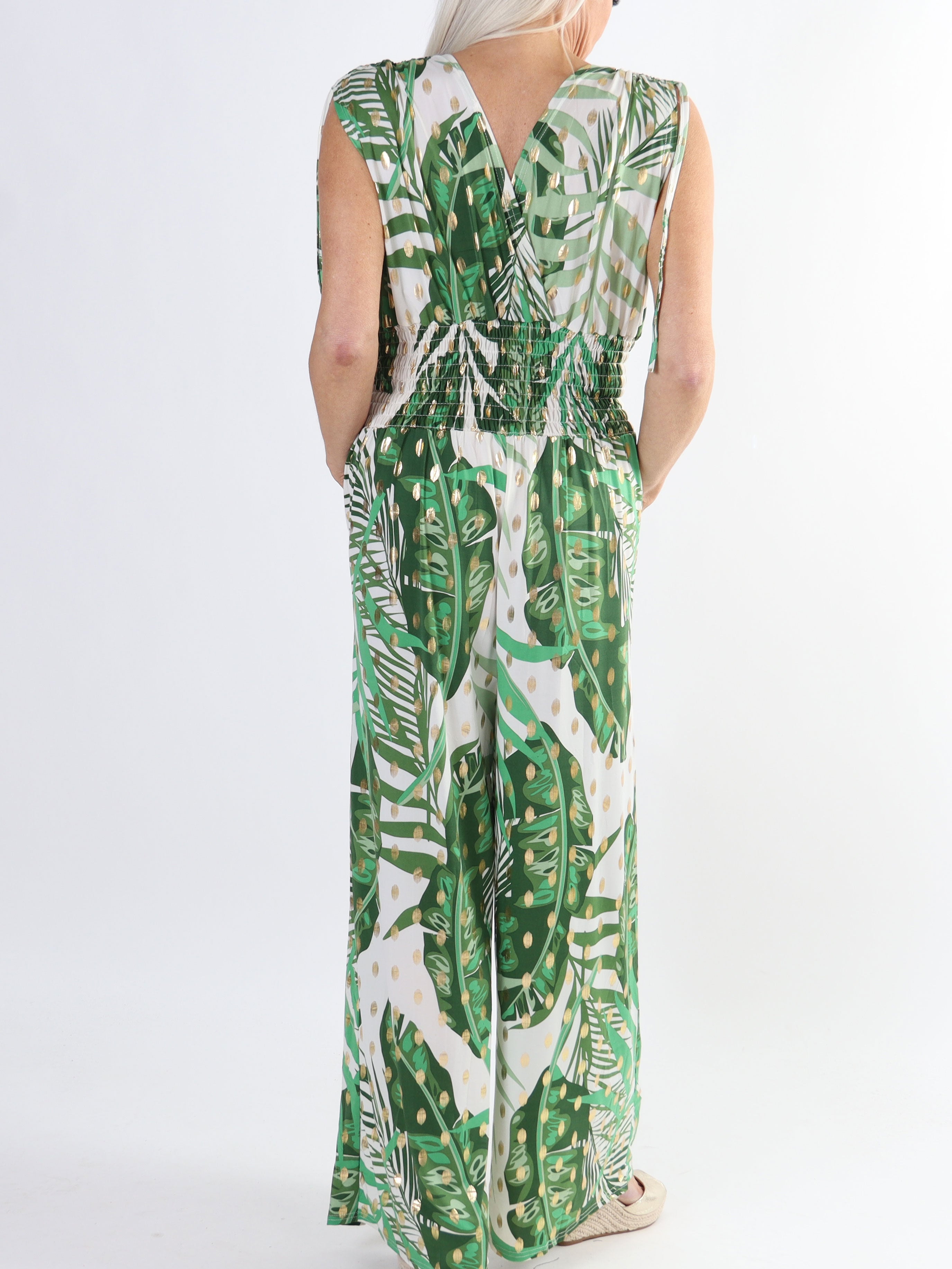 Pams Forest Jumpsuit N/S - Plus size buksedragt med bladmønster